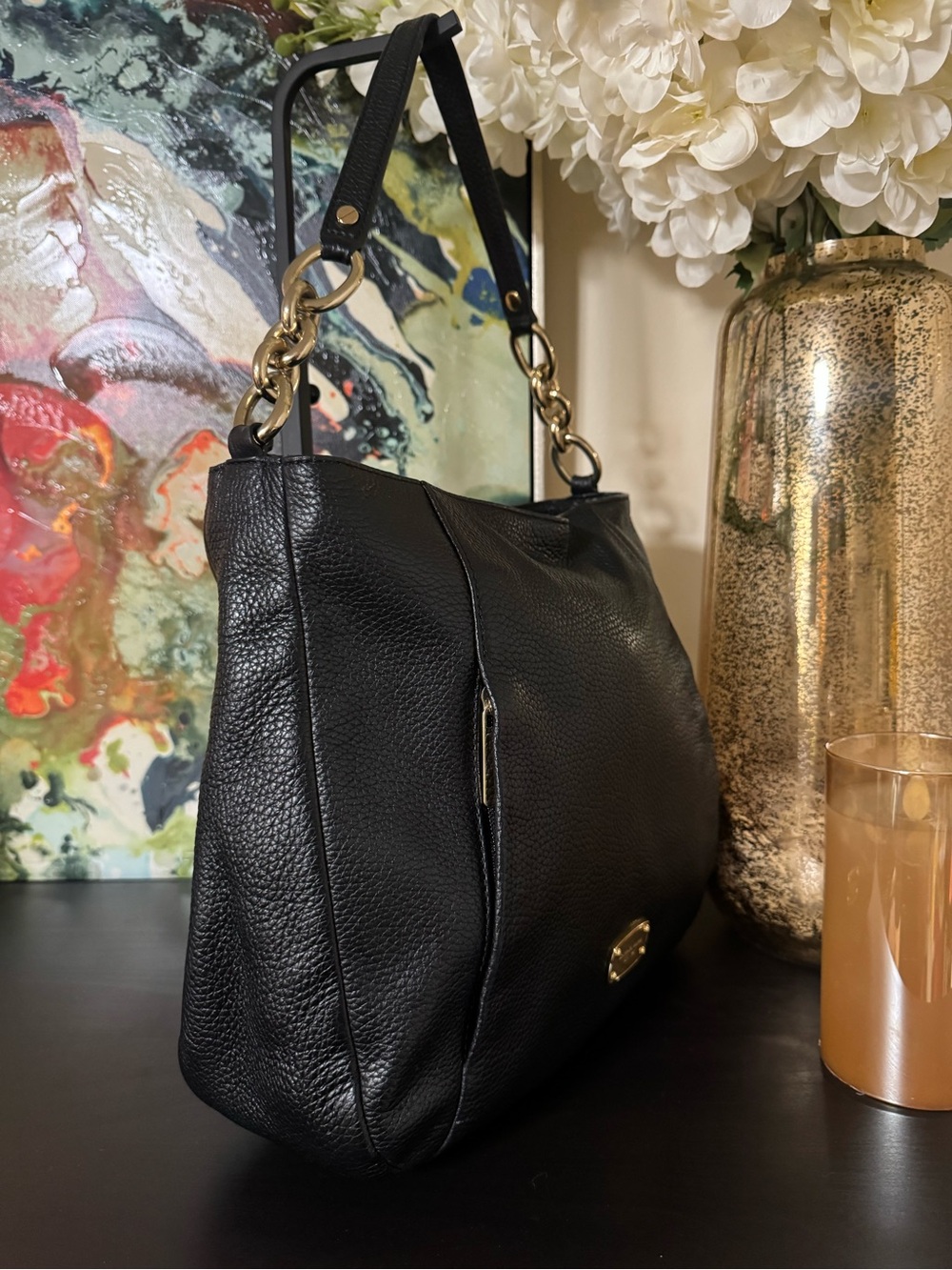 Michael Kors Black Pebbled Leather Hobo Shoulder Bag with Gold Hardware - Picture 3 of 9